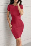 Sexy Solid Patchwork O Neck Wrapped Skirt Short Sleeve Dress