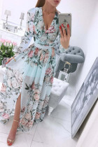 Elegant Floral Slit V Neck Printed Dresses