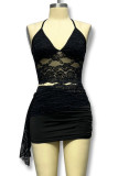 Sexy Solid Lace Hollowed Out Backless V Neck Sleeveless Two Pieces