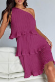 Casual Solid Flounce Oblique Collar Cake Skirt Dresses