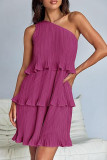Casual Solid Flounce Oblique Collar Cake Skirt Dresses