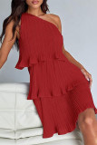 Casual Solid Flounce Oblique Collar Cake Skirt Dresses