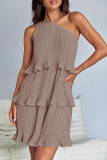 Casual Solid Flounce Oblique Collar Cake Skirt Dresses