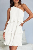 Casual Solid Flounce Oblique Collar Cake Skirt Dresses