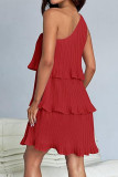 Casual Solid Flounce Oblique Collar Cake Skirt Dresses