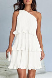 Casual Solid Flounce Oblique Collar Cake Skirt Dresses