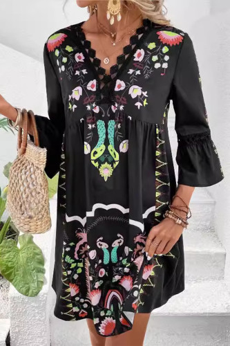 Casual Floral Lace V Neck Printed Dresses