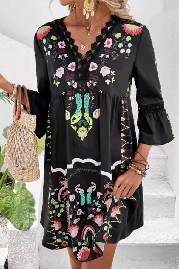 Casual Floral Lace V Neck Printed Dresses