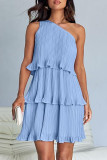 Casual Solid Flounce Oblique Collar Cake Skirt Dresses