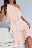 Casual Solid Flounce Oblique Collar Cake Skirt Dresses