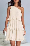 Casual Solid Flounce Oblique Collar Cake Skirt Dresses