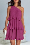 Casual Solid Flounce Oblique Collar Cake Skirt Dresses