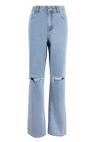 Casual Solid Ripped High Waist Denim Jeans