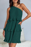 Casual Solid Flounce Oblique Collar Cake Skirt Dresses