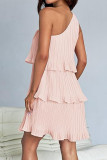 Casual Solid Flounce Oblique Collar Cake Skirt Dresses