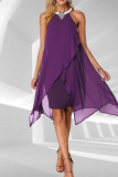 Elegant Solid Patchwork Asymmetrical Halter Irregular Dresses