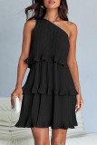 Casual Solid Flounce Oblique Collar Cake Skirt Dresses