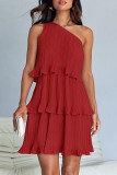 Casual Solid Flounce Oblique Collar Cake Skirt Dresses