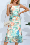 Elegant Gradient Patchwork Mesh Square Collar One Step Skirt Dresses