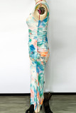 Elegant Gradient Patchwork Mesh Square Collar One Step Skirt Dresses