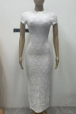 Elegant Solid See-through Slit O Neck One Step Skirt Short Sleeve Dress