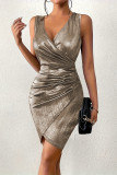 Sexy Solid Buttons Fold V Neck Wrapped Skirt Dresses