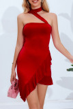 Sexy Solid Flounce Asymmetrical Halter Irregular Dresses