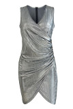 Sexy Solid Buttons Fold V Neck Wrapped Skirt Dresses