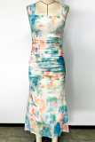 Elegant Gradient Patchwork Mesh Square Collar One Step Skirt Dresses