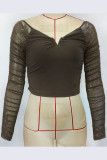 Sexy Solid Fold Mesh V Neck Tops