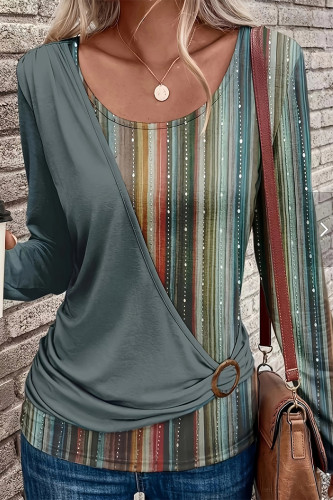 Casual Striped Print Metal Accessories Decoration Contrast O Neck Tops