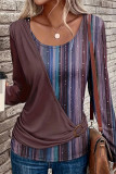 Casual Striped Print Metal Accessories Decoration Contrast O Neck Tops