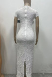 Elegant Solid See-through Slit O Neck One Step Skirt Short Sleeve Dress