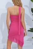 Sexy Solid Flounce Asymmetrical Halter Irregular Dresses