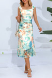 Elegant Gradient Patchwork Mesh Square Collar One Step Skirt Dresses