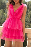 Sexy Solid Mesh Pleated V Neck Princess Dresses