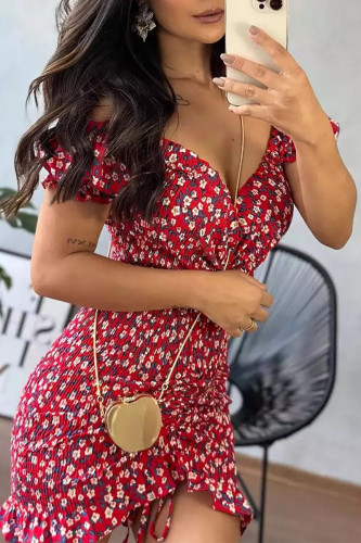 Sexy Vintage Flowers Draw String Flounce V Neck Wrapped Skirt Dresses