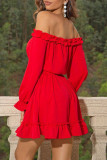 Casual Solid Flounce Off the Shoulder A Line Dresses