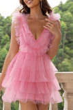 Sexy Solid Mesh Pleated V Neck Princess Dresses