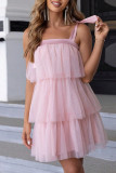Sexy Solid Frenulum Mesh Cake Skirt Dresses