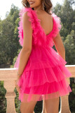 Sexy Solid Mesh Pleated V Neck Princess Dresses