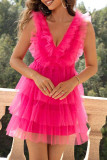 Sexy Solid Mesh Pleated V Neck Princess Dresses