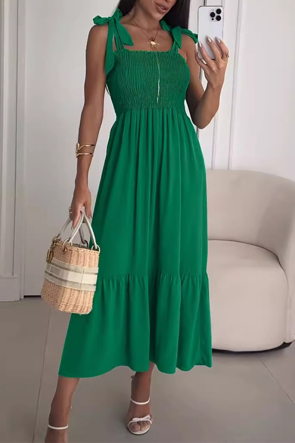 Casual Simplicity Solid Frenulum Flounce Fold Sling Dresses