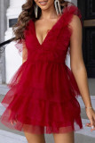 Sexy Solid Mesh Pleated V Neck Princess Dresses
