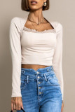 Elegant Solid Lace Square Collar Tops
