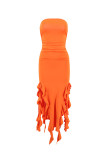 Sexy Solid Tassel Flounce Slit Strapless Irregular Dresses