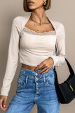 Elegant Solid Lace Square Collar Tops