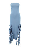 Sexy Solid Tassel Flounce Slit Strapless Irregular Dresses
