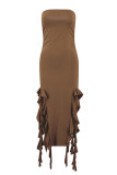Sexy Solid Tassel Flounce Slit Strapless Irregular Dresses