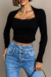 Elegant Solid Lace Square Collar Tops